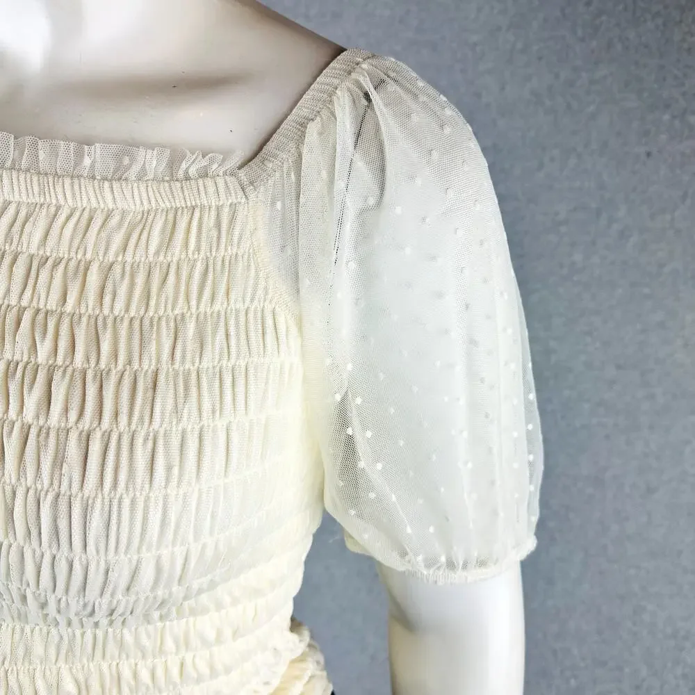 Torrid Womans Sz 4X Plus Blouse Smocked Dot Mesh Square Neck Crop Top Ivory NWT